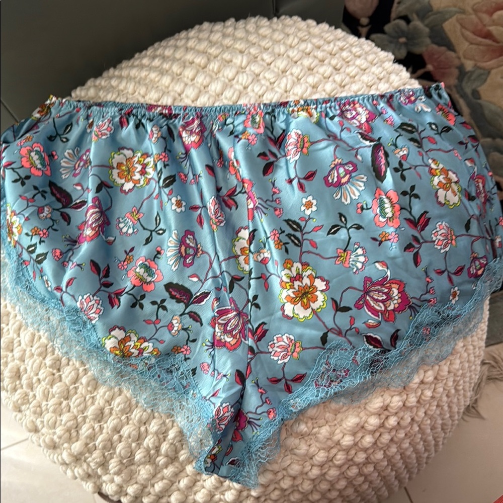 Floral Blue and Pink Skirt silky satin XL with lace at legs. Victoria’s Secret